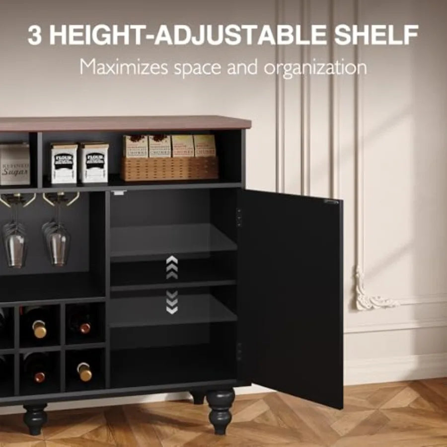 Vintage Black Wine Bar Cabinet with a variety of wine bottles on display, illustrating the cabinet's capacity as a vintage wine bar cabinet.